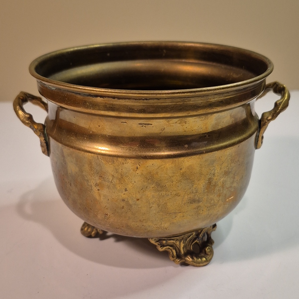 VINTAGE French Country Style Brass Footed Planter Pot with Handles - Picture 2 of 16